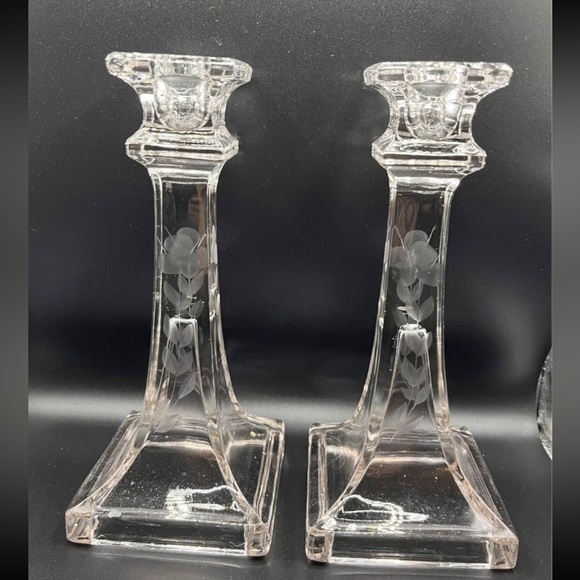 two Antique/Vintage Etched Glass Candlesticks Crystal 8” - Picture 1 of 2